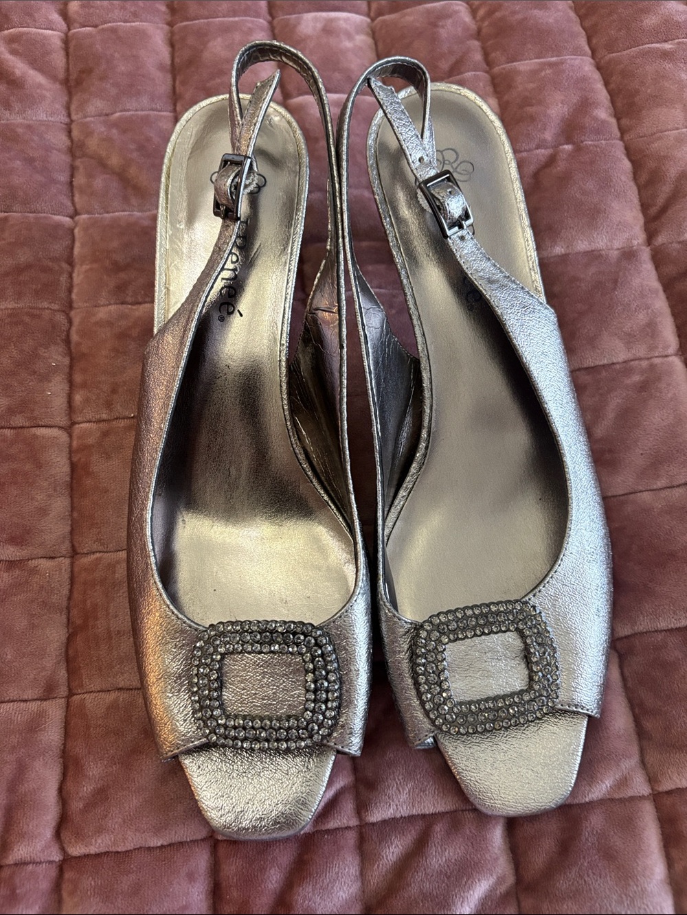 J.Renee Metallic Silver Slingback Peep-Toe Heels with Rhinestone Buckle